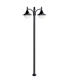 Double Arm Outdoor Light Pole with 25 cm Opal Globe, Shade, Flange Base