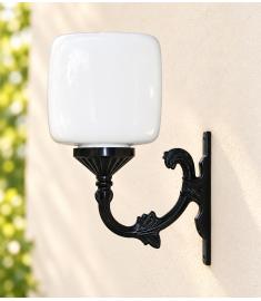 Single Arm Outdoor Wall Light with 25 cm Cube Opal Globe