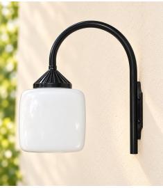 Outdoor Wall Light with Single Curved Arm, 25 cm Cube Opal Globe