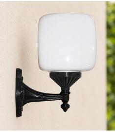 Single Arm Outdoor Wall Light with 25 cm Cube Opal Globe