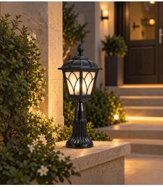 Outdoor Pillar Light with Lantern, Long Round Base