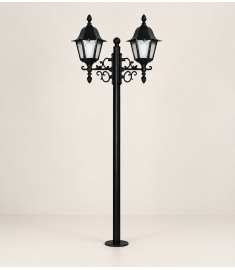 Double Arm Outdoor Light Pole with Lantern, Flange Base, Hexagonal Base, Long Tube