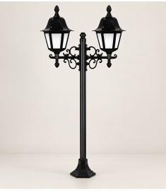 Double Arm Outdoor Light Pole with 42 cm Lantern, Hexagonal Base, 42 mm Tube
