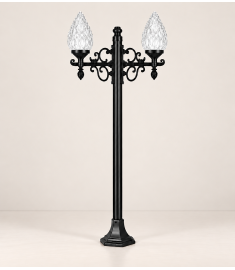 Double Arm Outdoor Light Pole with 42 cm Clear Globe, Hexagonal Base, 42 mm Tube