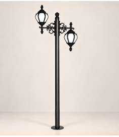 Double Arm Outdoor Light Pole with Lantern, Flange Base