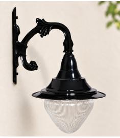 Single Arm Outdoor Wall Light with Teardrop Prismatic Globe, Shade, Inverted