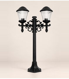 Double Arm Outdoor Light Pole with Tiered Globe, Hexagonal Base