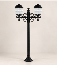Double Arm Outdoor Light Pole with 42 cm Prismatic Globe, Hexagonal Base, 42 mm Tube