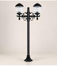 Double Arm Outdoor Light Pole with 42 cm Prismatic Globe, Hexagonal Base, 42 mm Tube