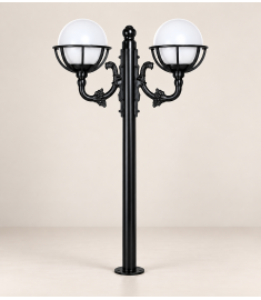 Double Arm Outdoor Light Pole with 20 cm Opal Globe, Shade and Flange Base