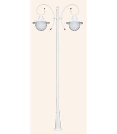 Double Arm Outdoor Light Pole with 25 cm Opal Globe, Angled Arm and Tube Base
