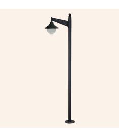 Single Arm Outdoor Light Pole with 25 cm Clear Globe, Shade, Flange Base