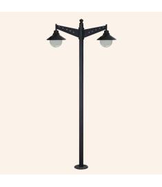 Double Arm Outdoor Light Pole with 25 cm Clear Globe, Shade, Flange Base