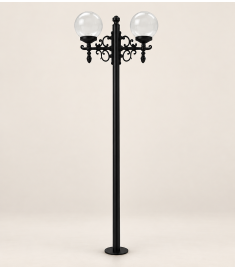 Double Arm Outdoor Light Pole with 20 cm Clear Globe, Flange Base, Short