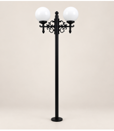 Double Arm Outdoor Light Pole with 20 cm Opal Globe, Flange Base, Short