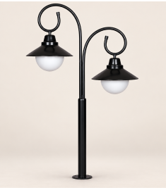 Double Steel Arm Outdoor Light Pole with 20 cm Opal Globe, Shade, Tube Base and Flange Base