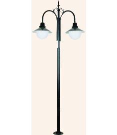 Double Curved Arm Outdoor Light Pole with Shade, Flange Base