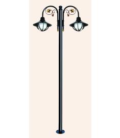 Double Curved Arm Outdoor Light Pole with 20 cm Globe, Flange Base