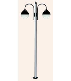 Double Curved Arm Outdoor Light Pole with Clear Globe, Flange Base