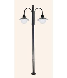 Double Curved Arm Outdoor Light Pole with Shade, Flange Base