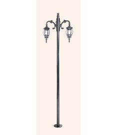Double Arm Outdoor Light Pole with Lantern, Flange Base, Inverted